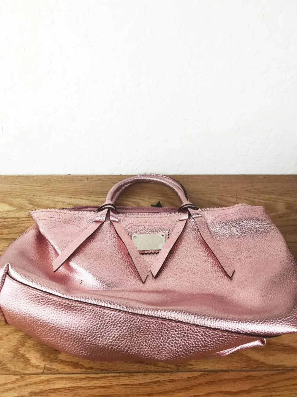 Victoria’s Secret Metallic Pink Tote Bag – Pebbled Faux Leather with Logo Plaque